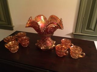 Vintage Imperial Carnival Glass Punch Bowl With Stand & 7 Cups