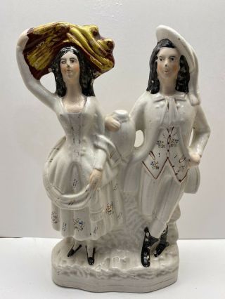 Antique Early English Staffordshire Porcelain Man & Woman Figurine With Jug
