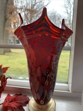 Vintage Murano Millefiori Art Glass Red Vase With Gold Flecks 8.  75” Tall Euc