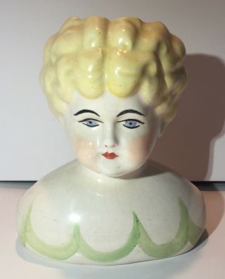 Vintage Ceramic Girl Head - Shoulders Planter Vase 1930s Blue Eyes Red Lips Heavy