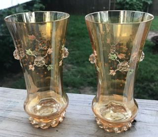 Vintage 6 " Bohemian Glass Beaker Vase Rigaree Rim Prunts Painted Flowers Moser?