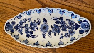 Vintage Delfts Blauw Blue White Oval Hand Painted Tray Flowers Floral Holland