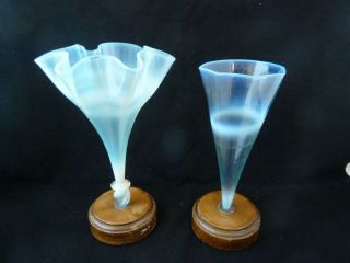 2 Early James Powell Opalescent / Vaseline Glass Vases - Mounted On Stands.