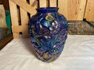 Vintage Fenton Iridescent Cobalt Blue Carnival Glass Dogwood Blossom Vase