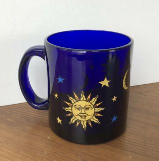 Vintage Libbey Coffee Mug Cobalt Blue Glass Celestial Sun Moon Stars Cup Usa