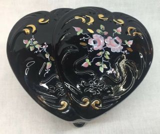 Fenton Glass Hand Painted Copper Rose On Back Glass Double Heart Trinket Box
