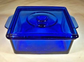 Hazel Atlas Glass Cobalt Blue 4 - 1/2 " X 5 " Tab - Handled Refrigerator Box & Cover