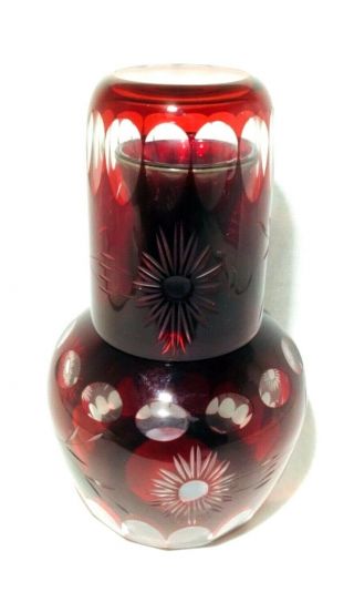Bohemian/czech Ruby Red Crystal Glass Bedside Water Carafe & Glass Tumbler 3618