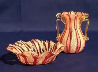 Murano Glass Double Handle Vase & Bowl Pink & White W/fleck Latticino Zanfirico
