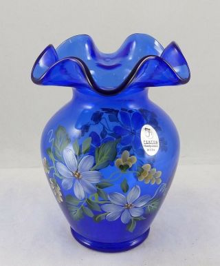 Fenton Se006 Hp Cobalt Blue Hand Painted Floral 5¼ " Tall Single Crimp Vase