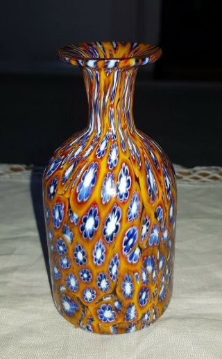 Murano Fratelli Toso? Fused Millefiori Blue & Orange Glass Vase 2