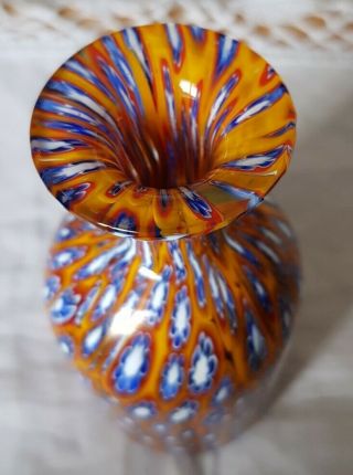 Murano Fratelli Toso? Fused Millefiori Blue & Orange Glass Vase 3