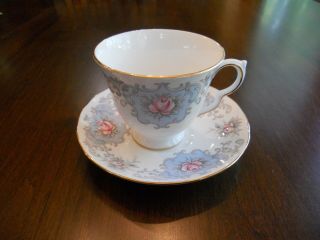 Vintage Queen Anne Bone China Cup & Saucer With Blue Pink Flower
