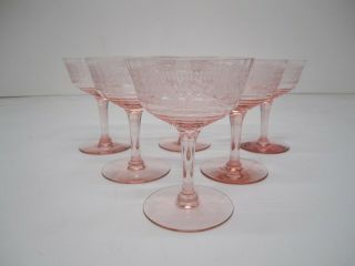 Set 6 Vtg Pink Cut Etched Depression Glass Drinking Glasses Stemware Goblet B
