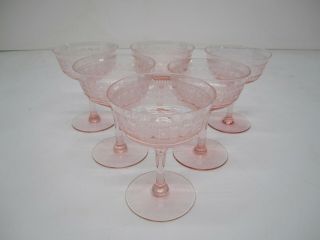 Set 6 Vtg Pink Cut Etched Depression Glass Drinking Glasses Stemware Goblet B 2