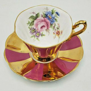 Vtg Royal Kendall Fine Bone China Gold & Pink Roses Tea Cup & Saucer England
