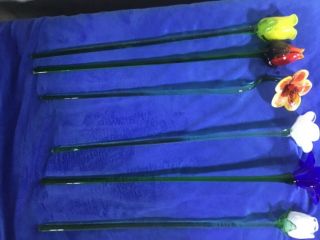 6 Assorted Art Glass Long Stem Glass Flowers