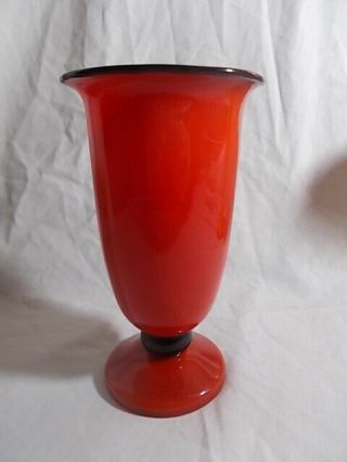Czechoslovakia Loetz Or Kralik Tango Red Art Glass Vase With Black Trim,  7 "