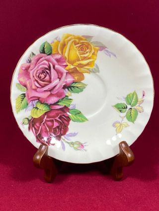 Vintage Aynsley Orphan Saucer Large Triple Cabbage Roses Red Pink Yellow