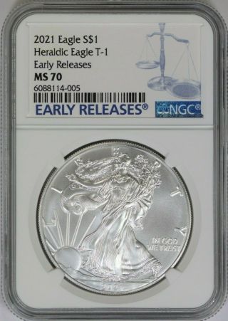2021 Ngc $1 American Silver Eagle Heraldic Type 1 Ms70 Early Releases White Core