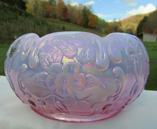Fenton Pink Opalescent Carnival Floral Pattern Large Rose Bowl 6 " W X 3.  25 " H