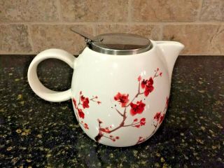 Tea Forte Red,  Black On White Cherry Blossoms On White Teapot,  Strainer