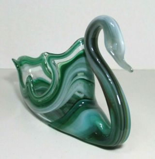Vintage Hand Blown Green Blue White Glass Swan Dish