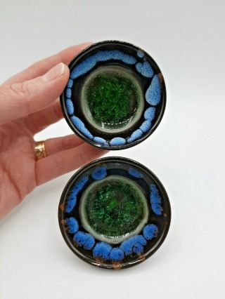 Set Of 2 Studio Art Pottery Fused Glass Over Glaze Round Small Trinket Dishes