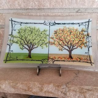 Peggy Karr Fused Glass 2 Seasons Tree Plate Tray 5.  75 X 9.  75 Signed & Retired