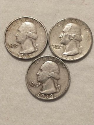 Early Washington Silver Quarters,  1935 - S (ef),  1936 - S (au),  1938 - S (vf)