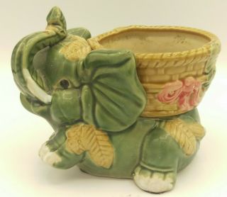 Vintage Majolica Baby Elephant W/ Tusks Planter Green Lucky Trunk Up Basket