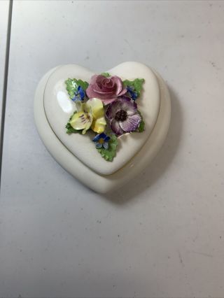 Royal Adderley Floral Bone China Heart Shapped Trinket Box England