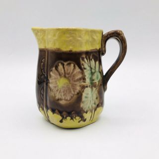 Antique Majolica Pottery Creamer Leaves Flowers Brown Yellow England 4 "