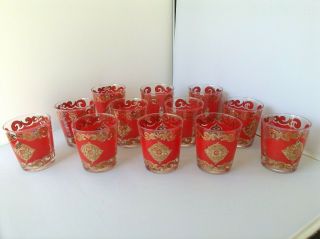 Set Of Twelve Mid Century Red/gold Whiskey Sour Glasses