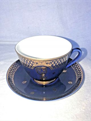 Vintage Lomonosov Porcelain Cobalt Blue Gold Decorated Tea Cup & Saucer,  Russia