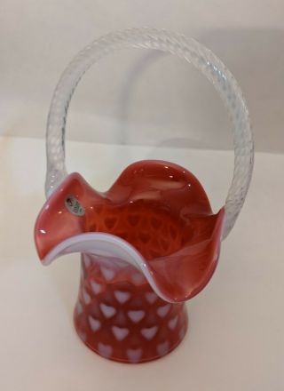 Fenton Cranberry Opalescent Heart Optic Spiral Handle Top Hat Basket 9 "