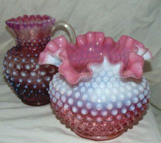Vintage Fenton Cranberry Opalescent Hobnail 5 " Vase & Pitcher