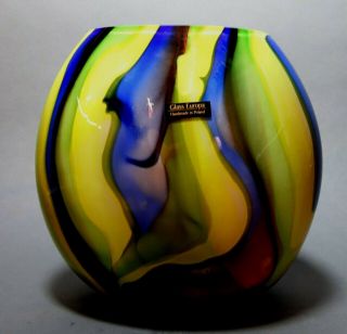 Vintage Europa Poland Hand Crafted/blown Blue & Yellow Spiral Design Glass Vase