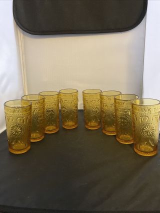 Set Of 8 Vintage Indiana Glass Amber Tiara Sandwich Glass 4 Ounce Juice Glasses