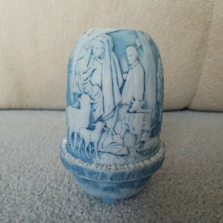 Vintage Fenton Nativity Scene Blue Satin Glass Fairy Lamp Signed Penny Dalton