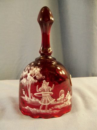 Fenton Painted Red Glass Bell Mary Gregory Girl W/ Hula Hoop Dolly Show