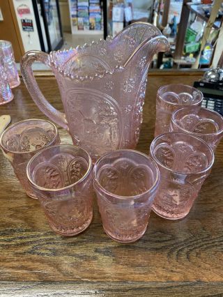 Vintage Imperial Carnival Glass Pink Iridescent Pitcher And 6 Glasses