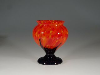 Vintage Czech Glass End Of Day Vase Red Orange & Yellow With Cobalt Foot C.  1930
