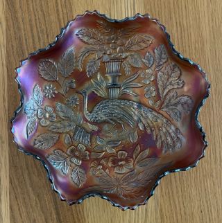 Fine Carnival Glass Amethyst Ruffled Edge Dish Fenton Peacock & Urn Pattern 1910