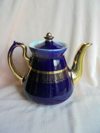 Vintage Hall China Cobalt Blue With Gold Trim Six Cup Teapot