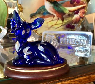 Fenton Art Glass Cobalt Blue Deer Painted With Flowers Gorgeous