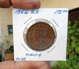 1856 Slanting 5 1c Braided Hair Large Cent Penny Coin -