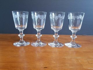 4 Vintage Hawkes Crystal Fruit Border Wine Glasses Goblets 5 1/8 " E,  C Signed