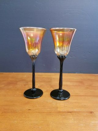 2 Signed Rick Strini Art Glass Gold Iridescent & Black Wine Goblets 9 3/4 " Euc