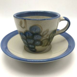 John B Taylor Ceramics Vintage Cup Saucer Grapes Blue Stoneware Louisville Usa